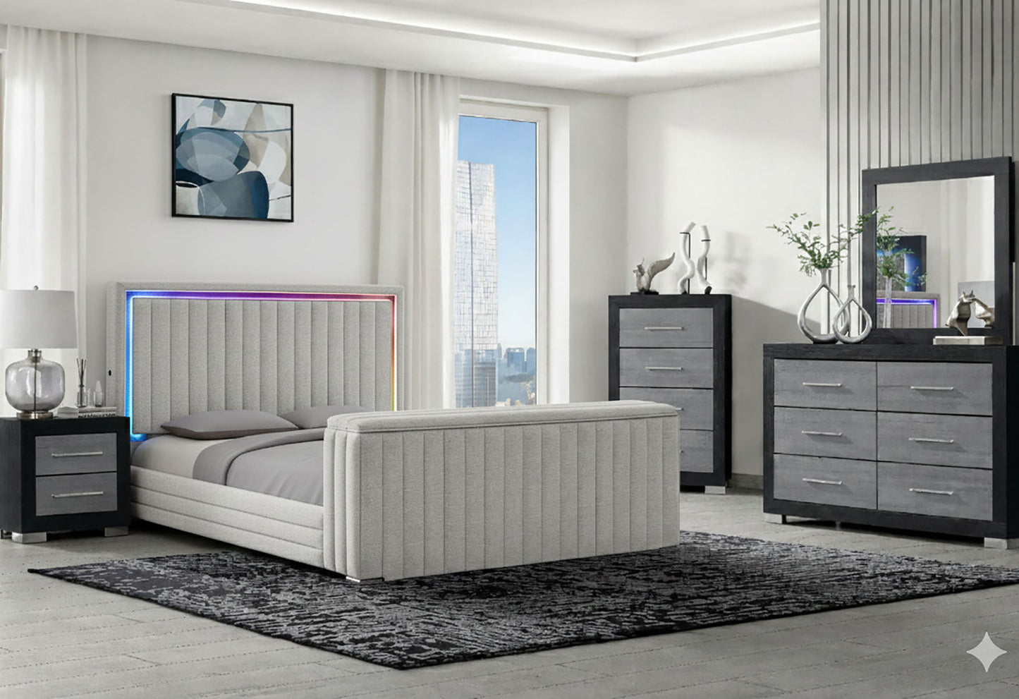 Elias - Queen Bed With Immersive Sound Speaker, LED, TV Lift, And Fireplace - Gray