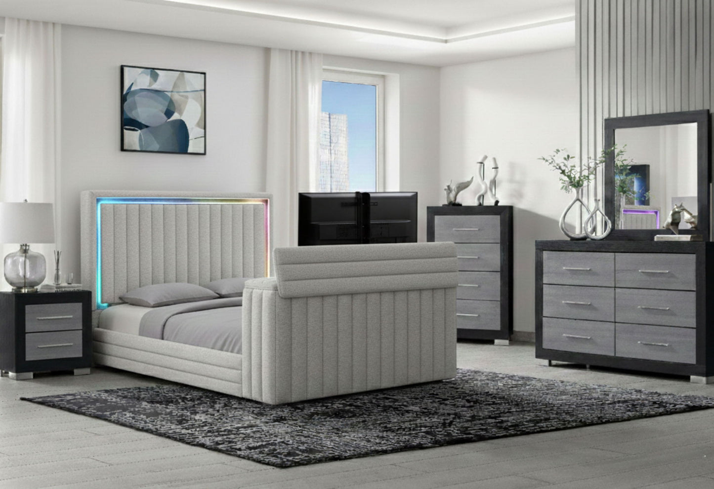 Elias - 5 Piece King Bedroom Set TV Footboard - Black / Dark Gray