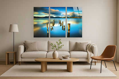 "Serene Reflection" Tempered Glass Triptych With Foil - Blue / Natural