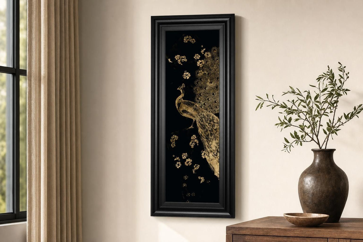 18x42 Gilded Peacock Triptych I By Jennifer Goldberger - Black