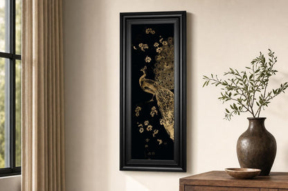 18x42 Gilded Peacock Triptych I By Jennifer Goldberger - Black