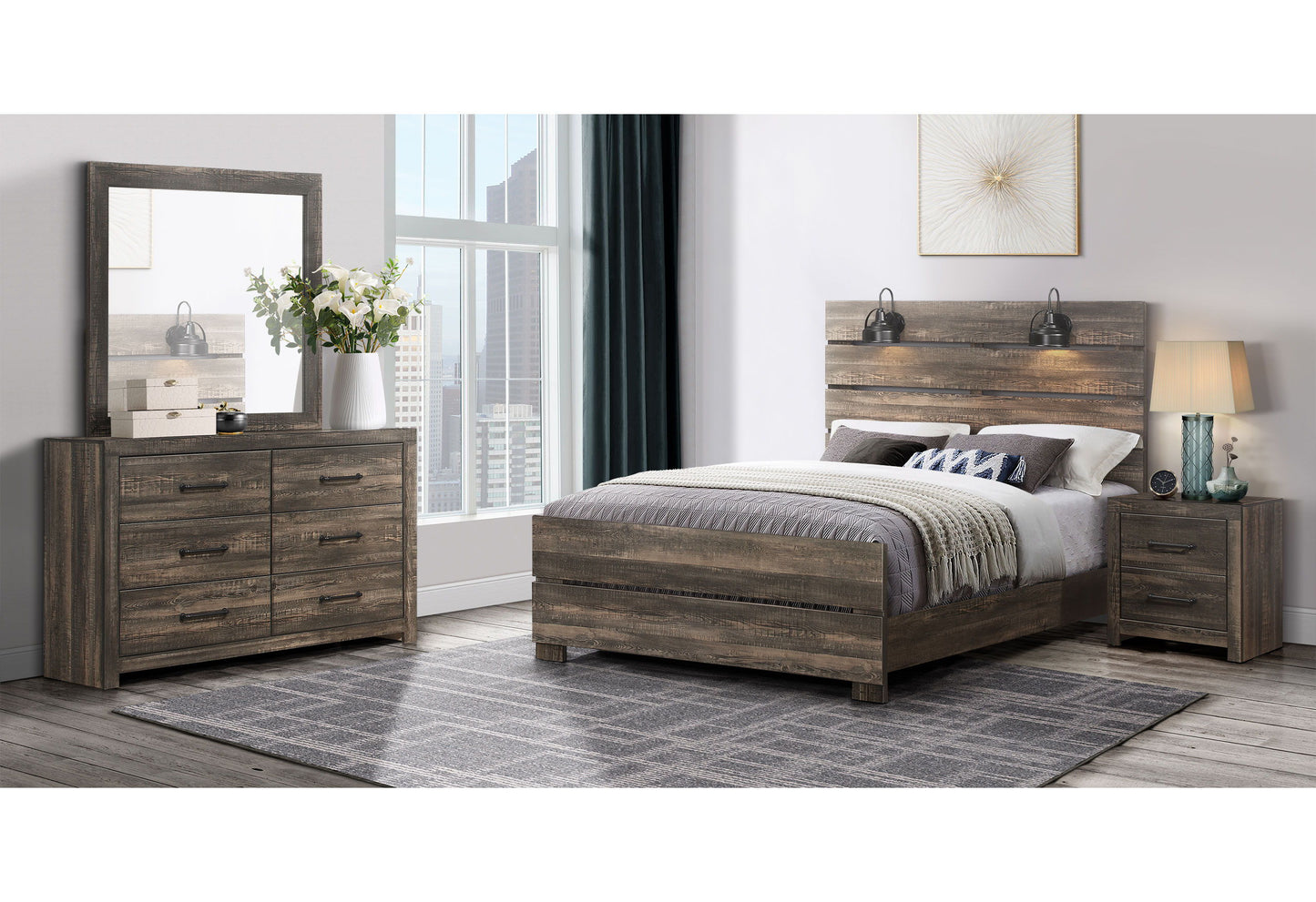 Linwood - 5 Piece Queen Bedroom Set With Lamps - Dark Oak