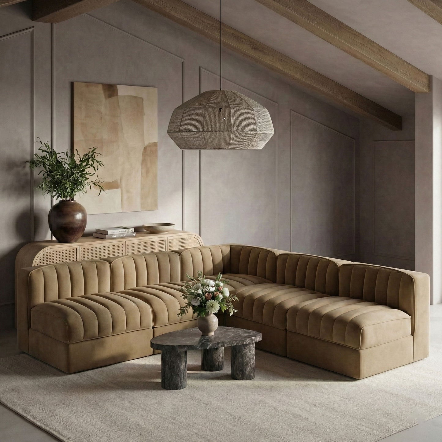 Rummi - Armless Velvet Performance Fabric Upholstered 5 Piece Modular Sectional