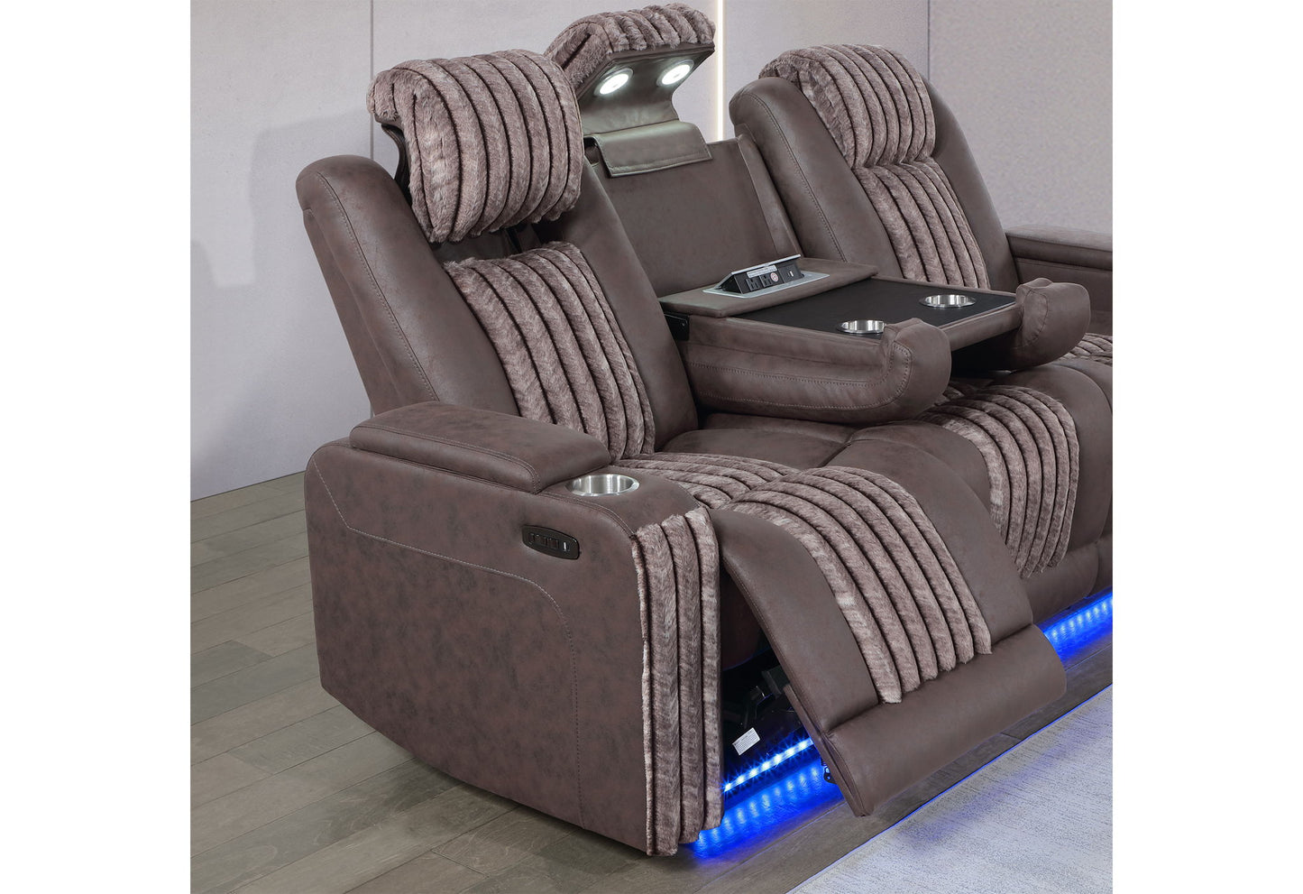 U8000 - Power Reclining Sofa With Power Headrest, Dropdown Table With Wood Trim & Reading Light & LED Light - Brown