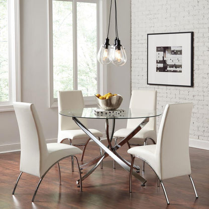 Beckham - 5 Piece Round Glass Top Dining Set - Chrome And White