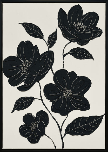 "Nocturnal Blooms II" Hand-Painted Canvas In Frame - Black / White / Canvas