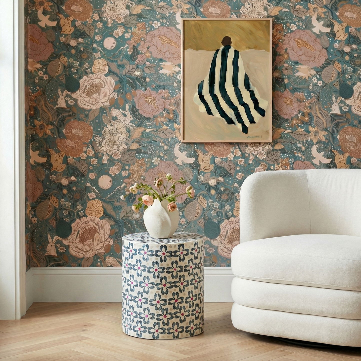 Lorna - Capiz Shell Motif Stool - Aqua Floral