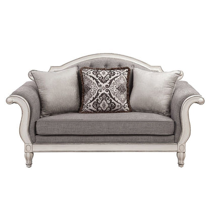 Florian - Loveseat With 3 Pillows - Gray Fabric & Antique White