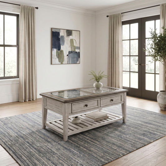 Heartland - Rect Ceiling Tile Cocktail Table - Antique White / Tobacco Tops