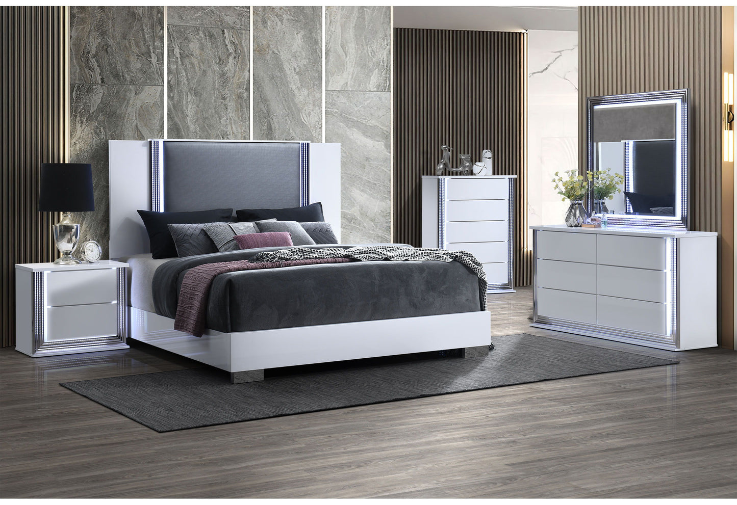 Ylime - King Bed With LED - Smooth White