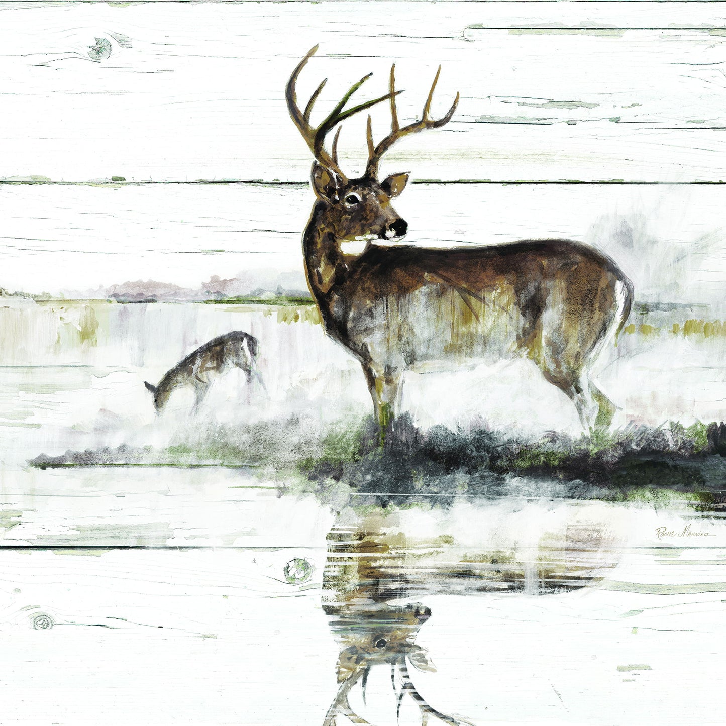 Framed Small - Rustic Misty Deer By Ruane Manning - Gray