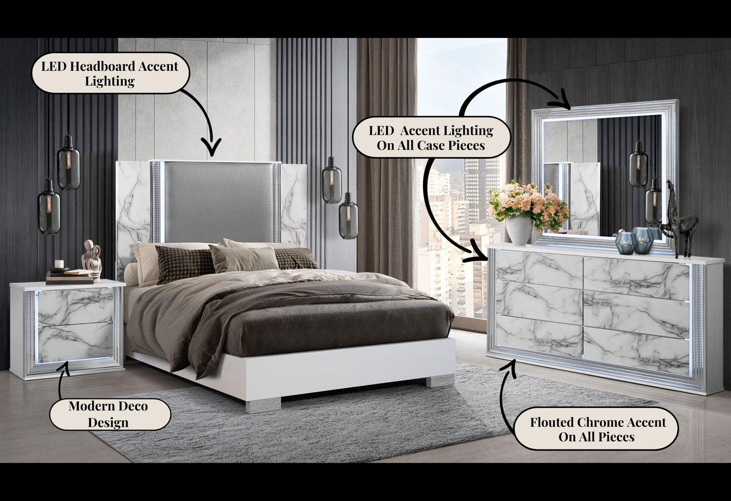 Ylime - 5 Piece Queen Marble Bedroom Set - White