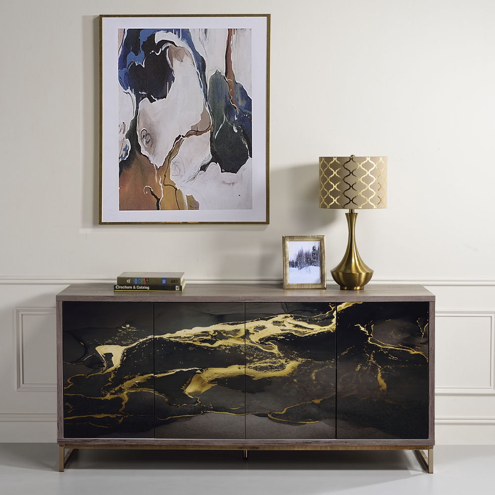 Payo - Console Cabinet - Black Marble Print Oak & Champagne