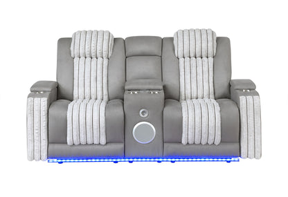 U8000 - Power Reclining Loveseat With Console, Power Headrest, LED Light, Bluetooth Speaker - Gray