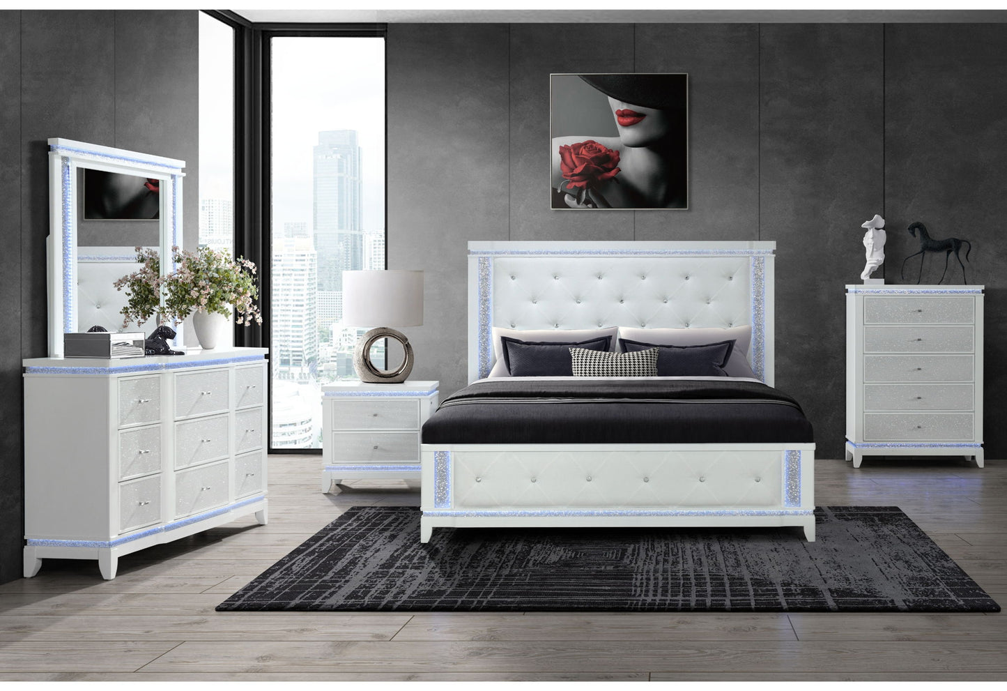 Alina - 5 Piece Queen Bedroom Set With LED, Cooler, Speaker And USB - White