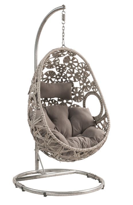 Sigar - Patio Swing Chair - Light Gray Fabric & Wicker