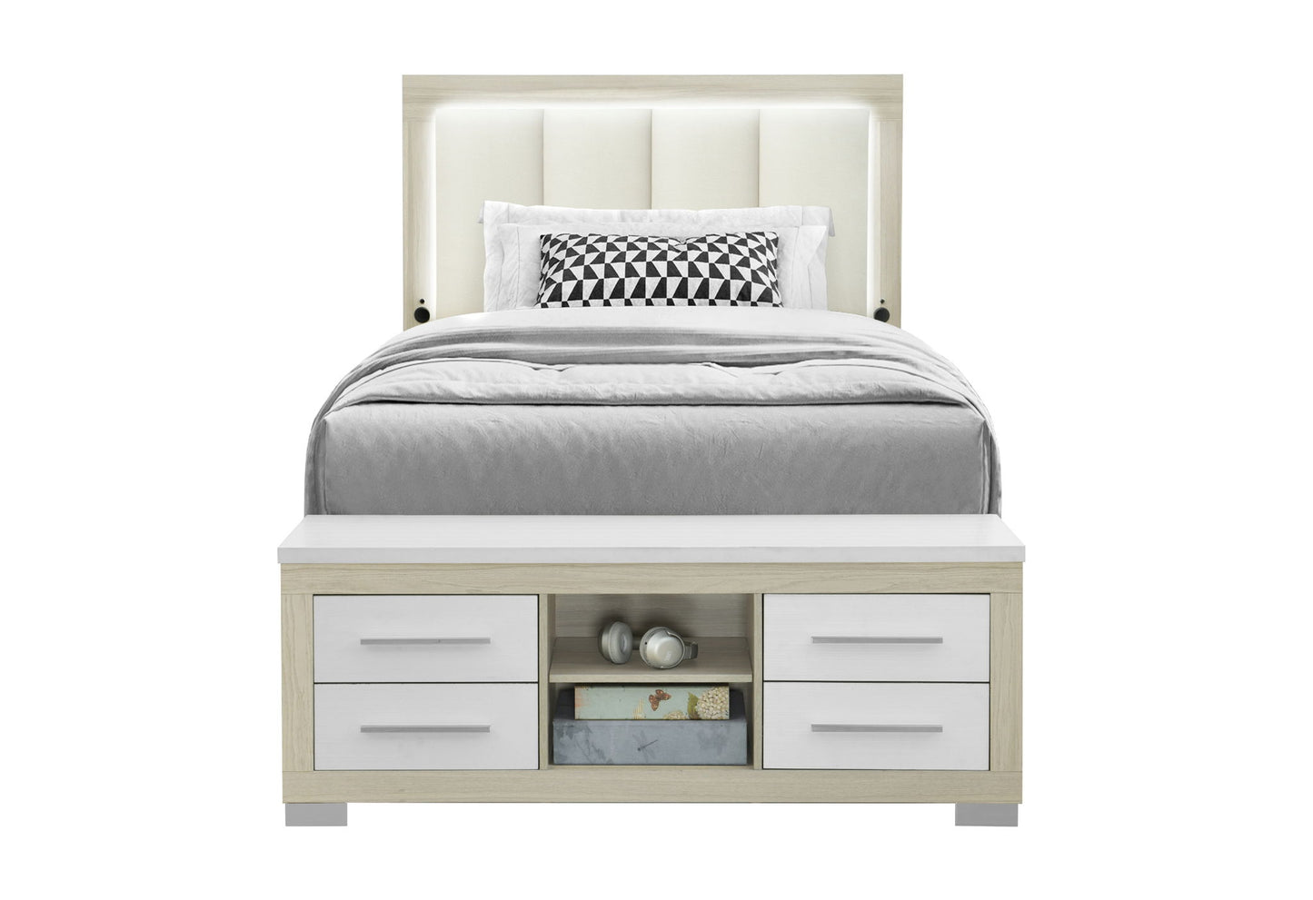 Emma - Full Bed With LED And USB - Light Brown / White