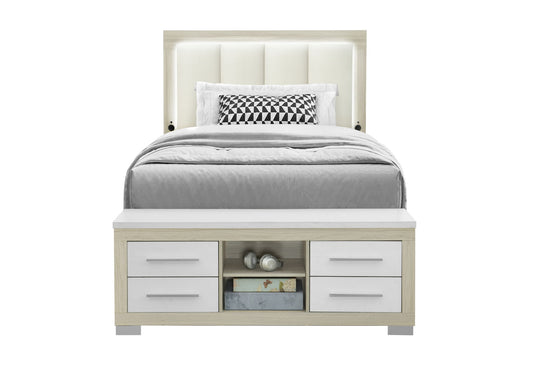 Emma - Full Bed With LED And USB - Light Brown / White