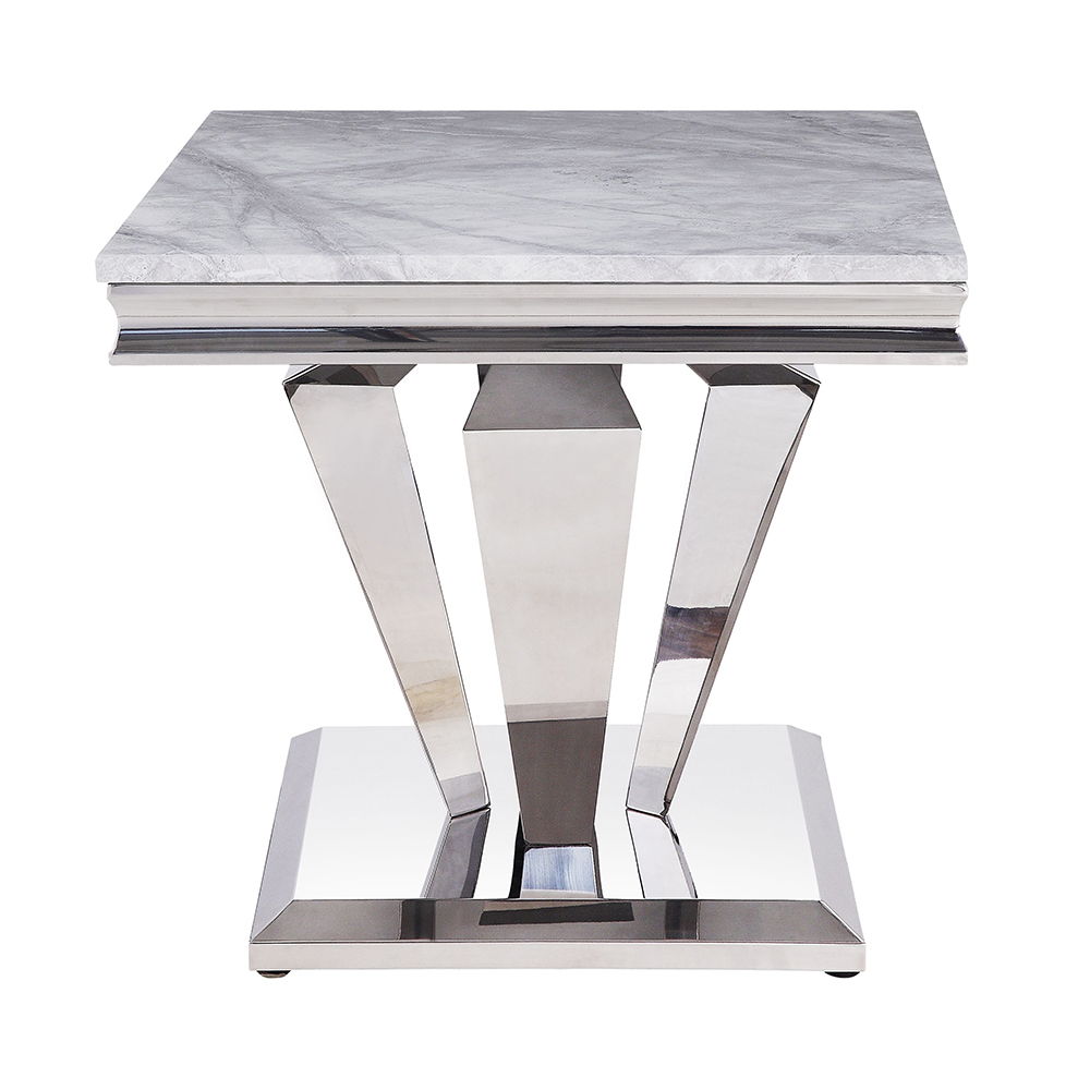 Satinka - End Table - Light Gray Printed Faux Marble Top & Mirrored Silver