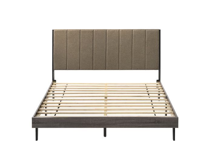 Valdemar - Queen Bed - Brown Fabric & Weatheted Gray Finish