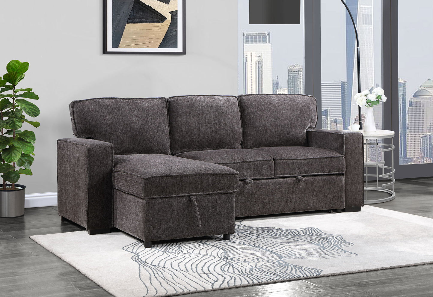 U0203 - Reversible Pull Out Fabric Sofa Bed - Dark Gray