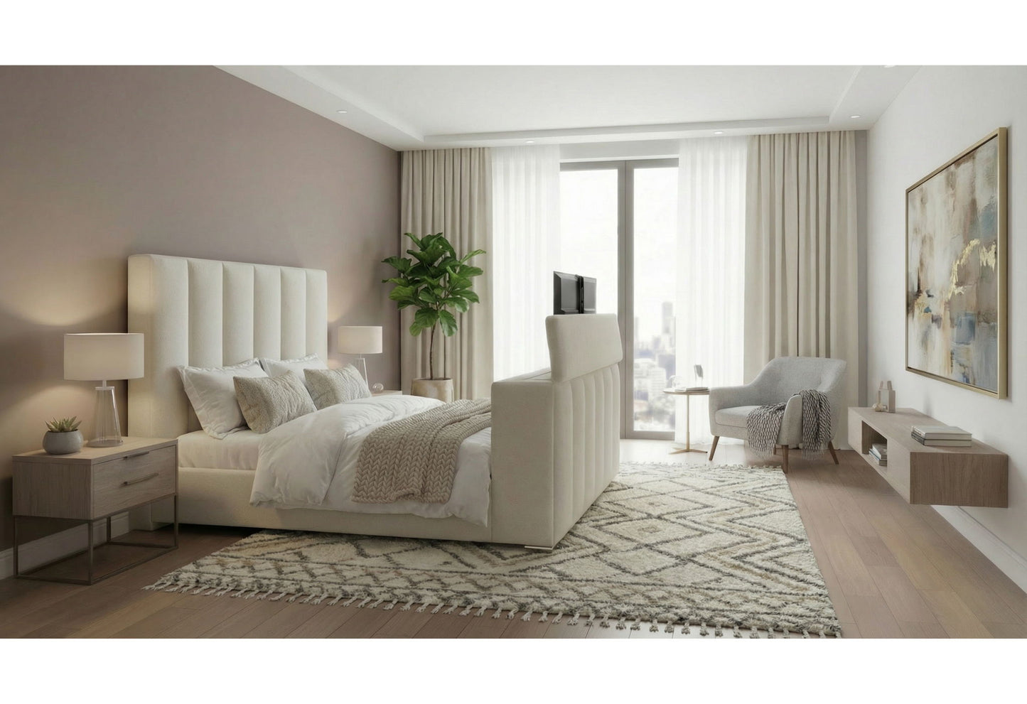 Serenity - King Bed With Speaker, TV Lift, Fireplace - Cream