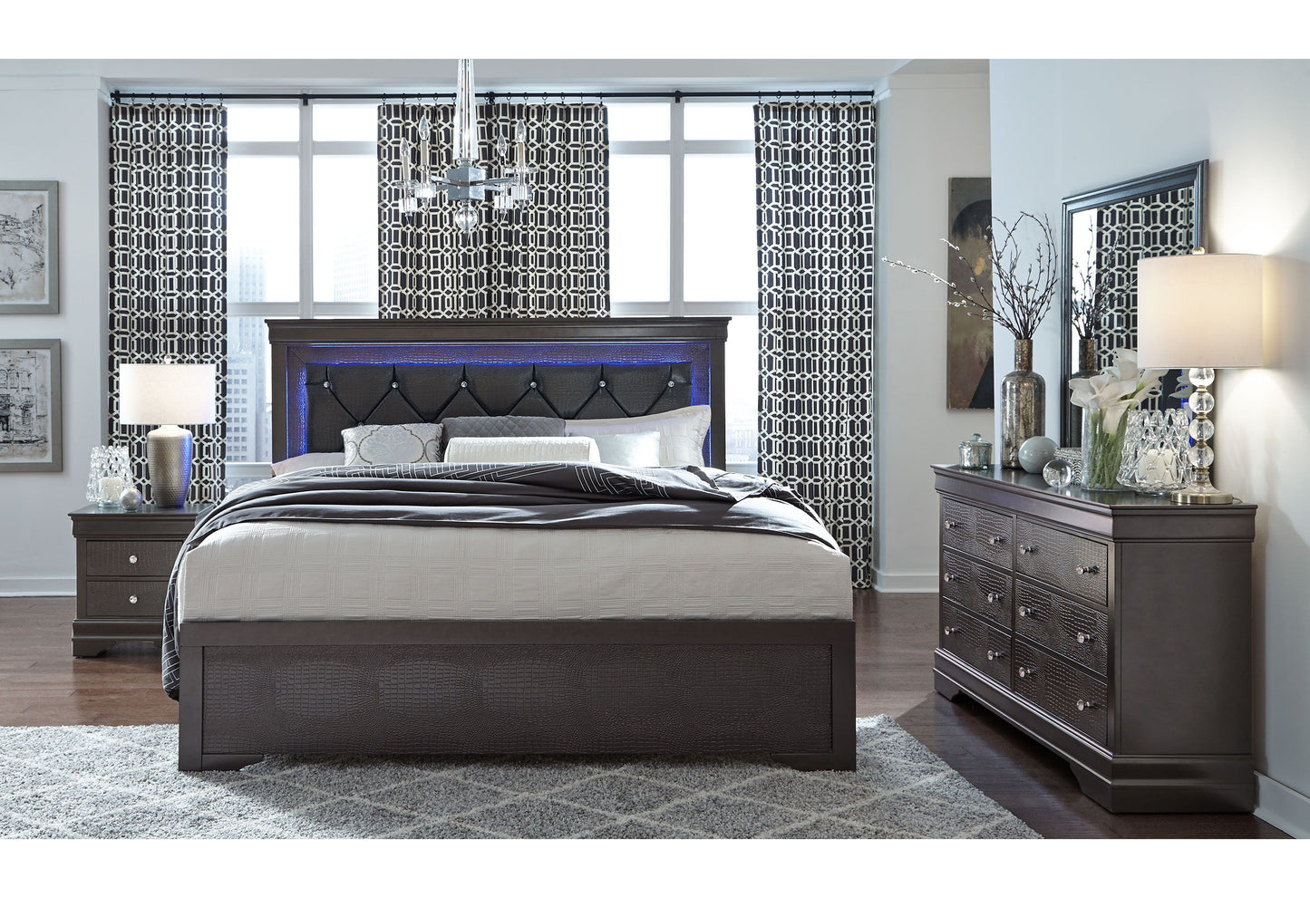 Pompei - King Bed With LED - Metallic Gray