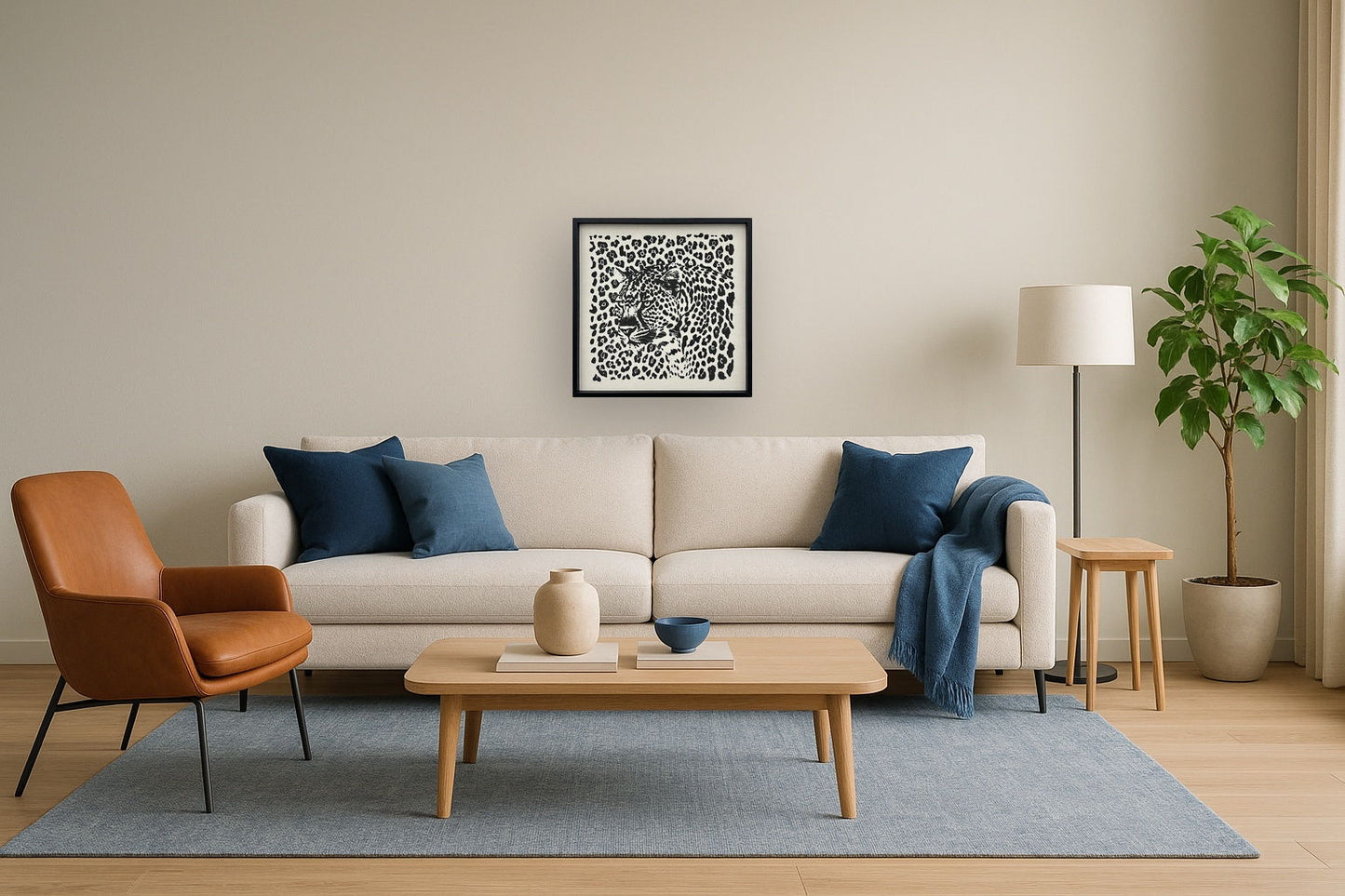 Shadow Leopard Puff Printed Canvas In Frame - Black / Ivory