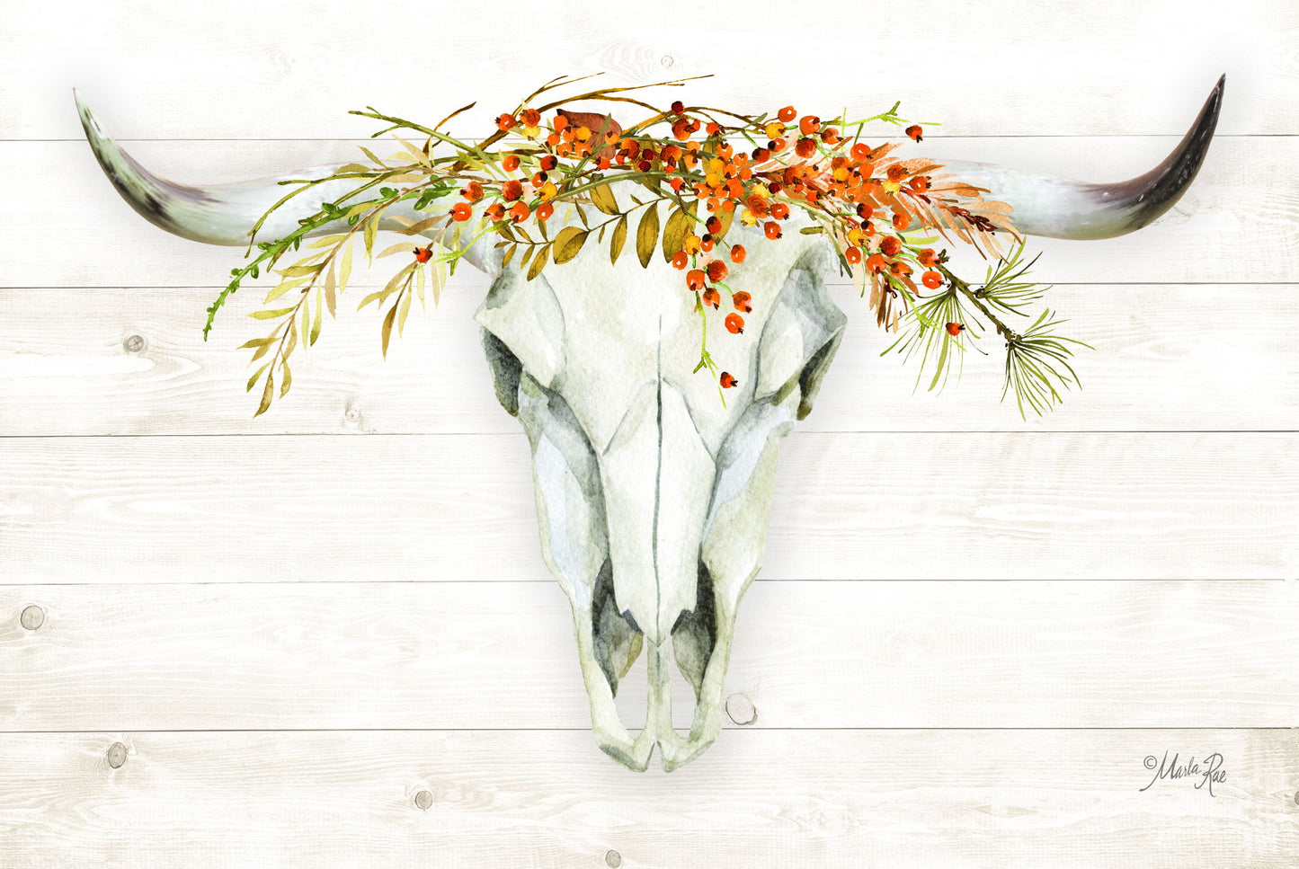 Framed Small - Fall Steer Skull By Marla Rae - Beige