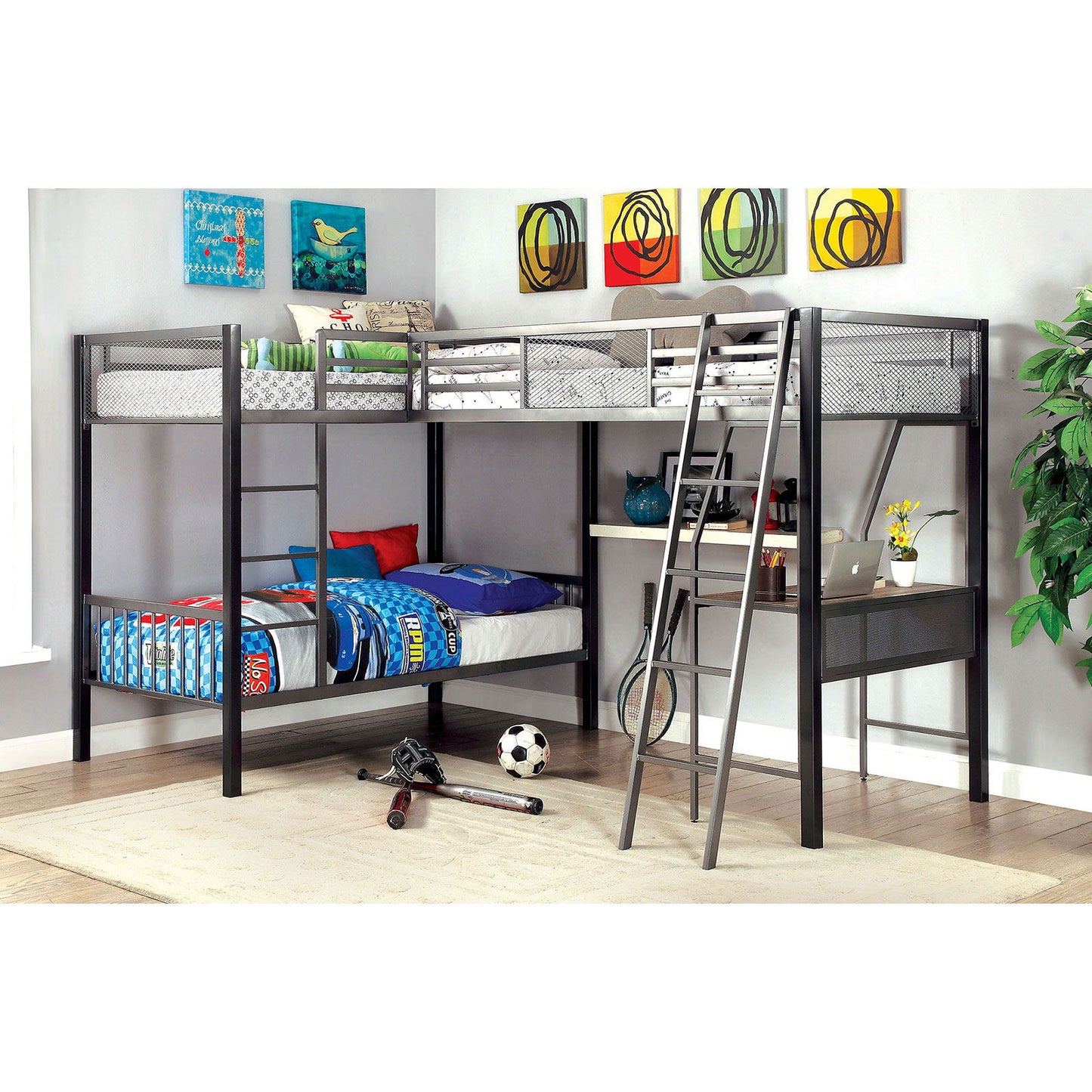 Ballarat - Triple Twin Bunk Bed With Desk - Silver