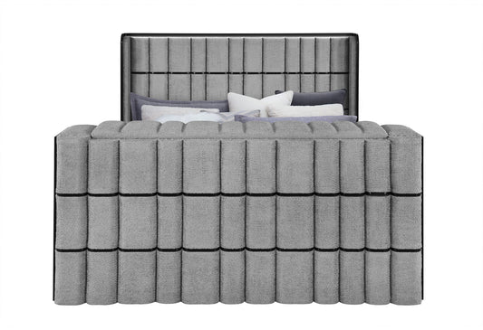 Isabella - King Upholstered Bed With LED, TV Lift, Bluetooth Speaker And Firpeplace Crystal - Gray