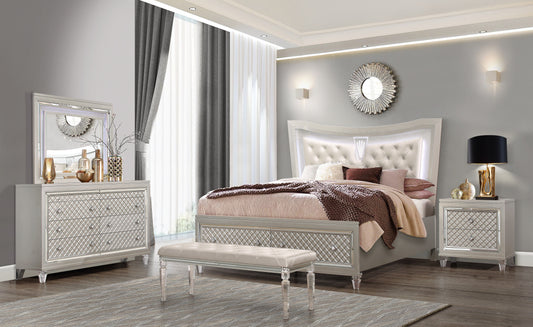 Paris - 4 Piece Queen Bedroom Set (Queen Bed With LED, Dresser, Mirror, Nightstand) - Champagne