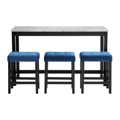 Marco - Bar Table Set Single Pack - White Top (Table + 3 Stool - Blue Velvet)