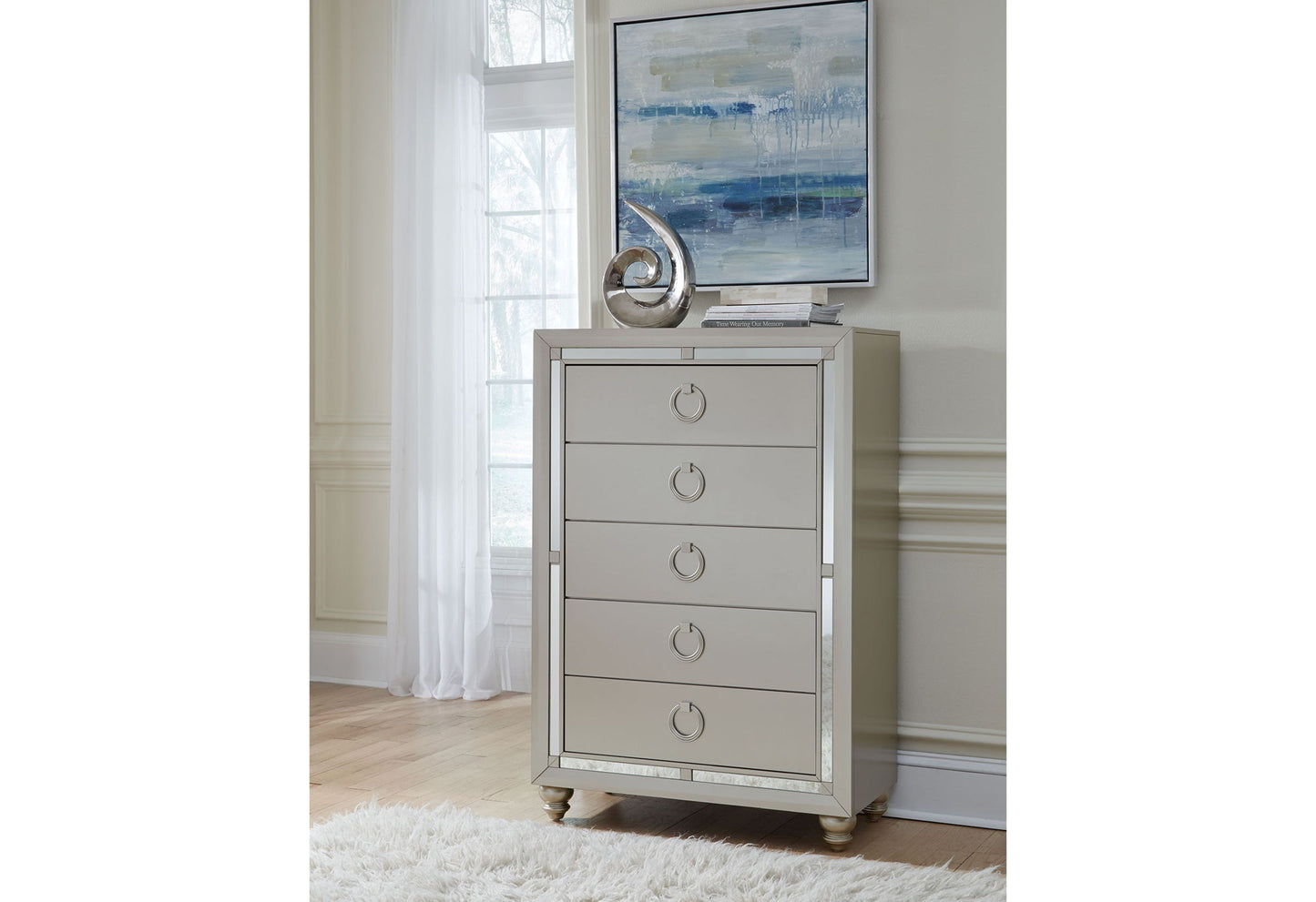 Riley - 6 Piece King Bedroom Set (Bed, Dresser, Mirror, 2 Nightstands, Chest) - Silver