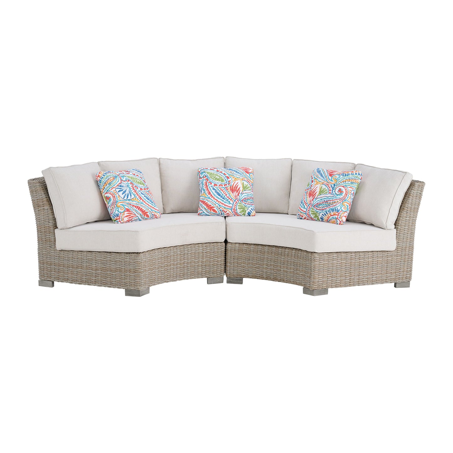 Ollie - Curved Loveseat With 3 Multi Color Pillows - Tan And Olefin White Cream