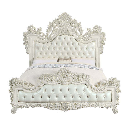 Adara - Eastern King Bed - Pearl White Synthetic Leather & Antique White