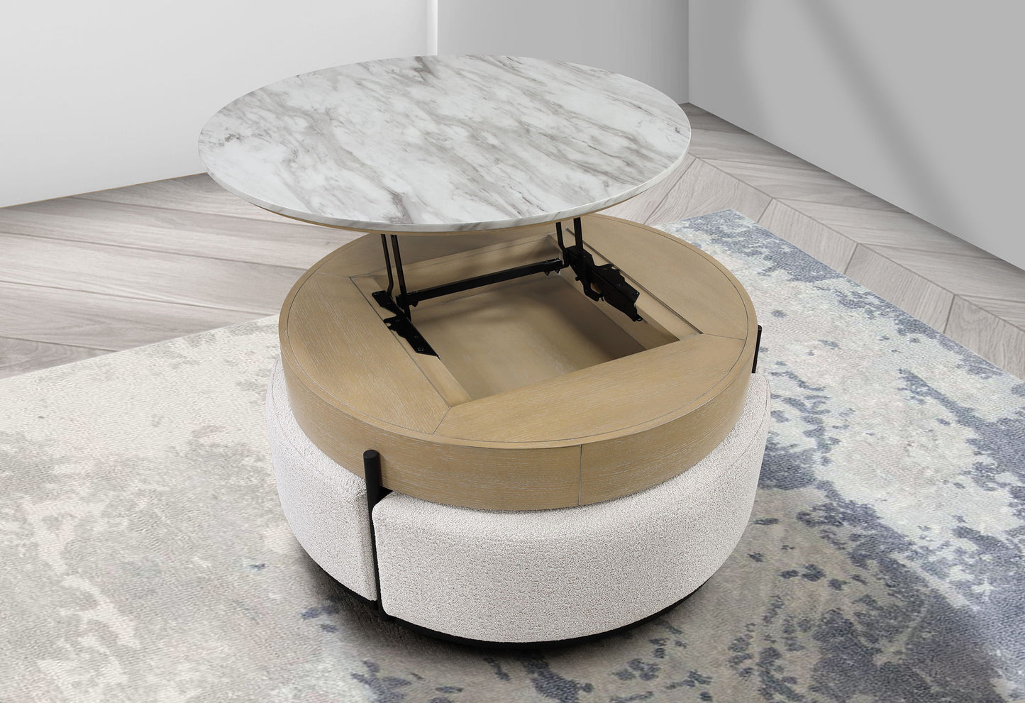 T42 - 4 Piece Living Room Set (Coffee Table With 3 Stools) - Cream / Natural