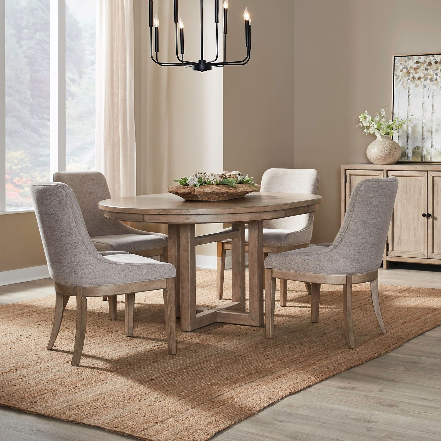 Proximity Place - 5 Piece Pedestal Table Set (Upholstered Side Chairs) - Brown