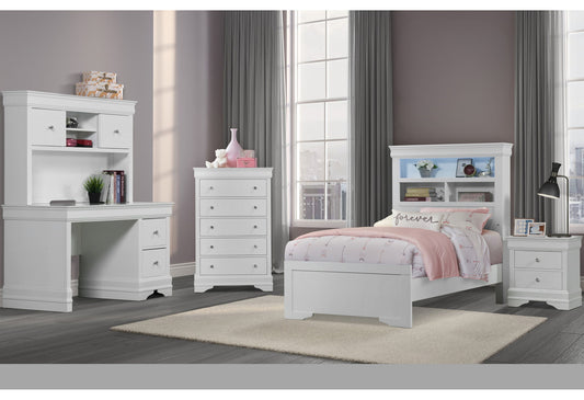 Pompei - 4 Piece Bedroom Set (Bookcase Twin Bed With Desk And Hutch, Nightstand And Chest) - White