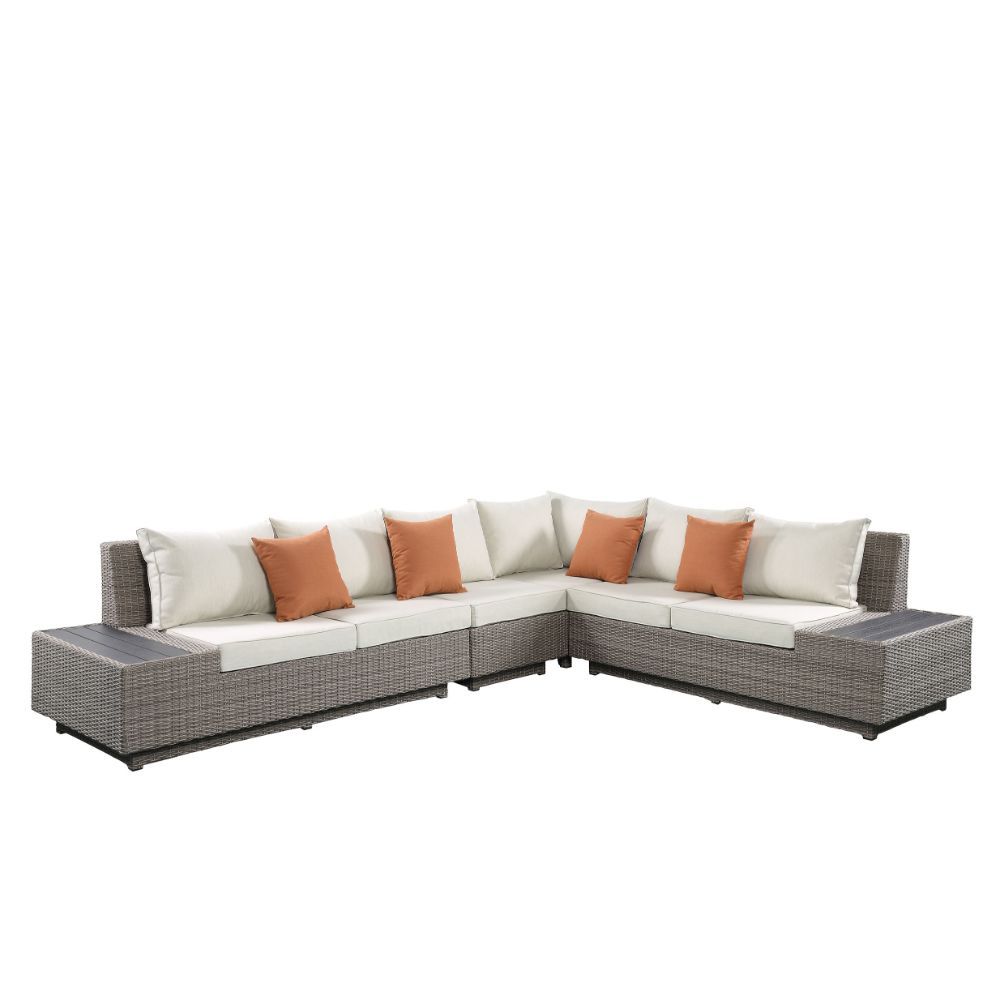 Salena - Patio Sectional Sofa With 4 Pillows & Coffee Table - Beige Fabric & Gray Wicker