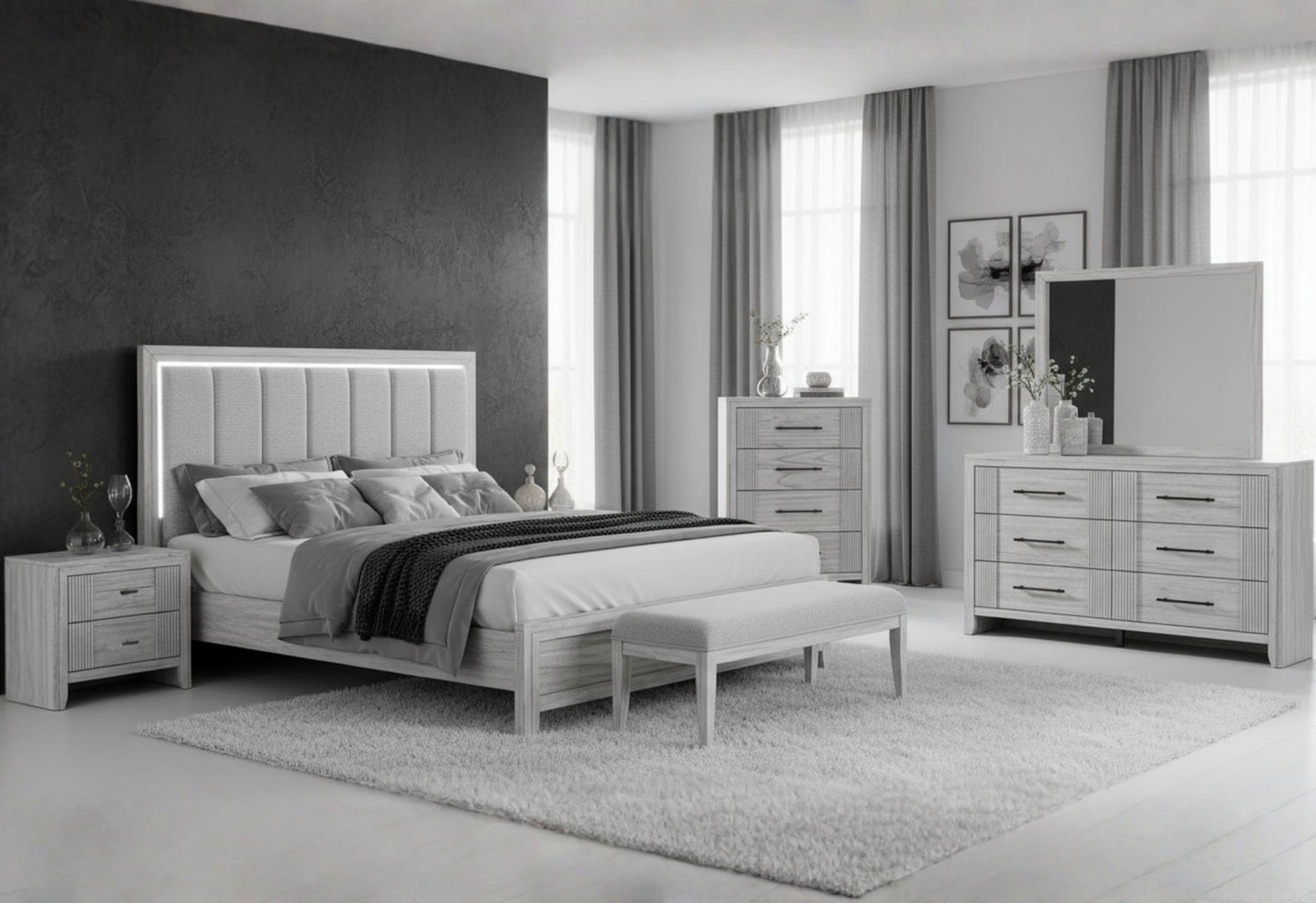 Elsie - King Bed With LED - Light Grey