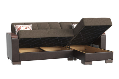 Ottomanson Armada X - Upholstered Convertible Wood Trimmed Chaise Lounge With Storage - Brown PU Polyester