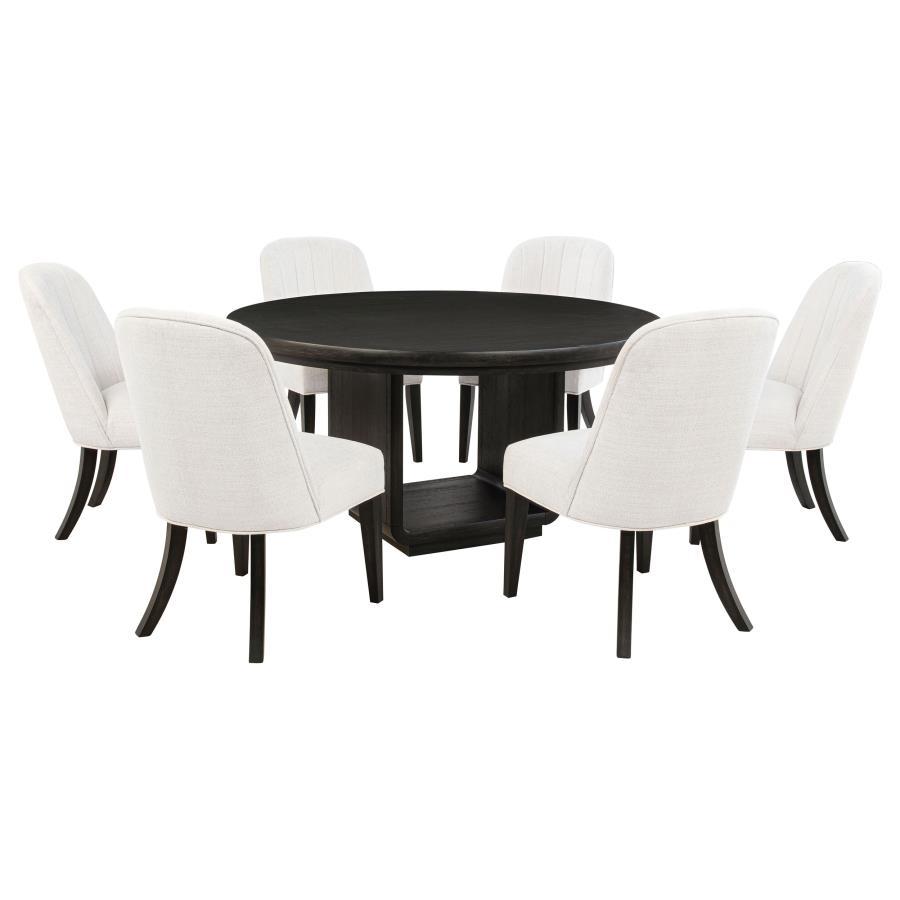 Leandro - 7 Piece Round Dining Table Set - Cream / Burnished Black