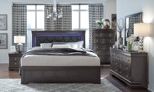 Pompei - 5 Piece King Bedroom Set With LED - Metallic Gray