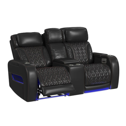 Prime Time - P3 Loveseat With LED, Wireless Charger Pocket, And Console - Jett Black With Red Stitching