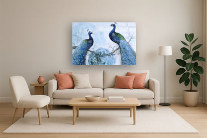 Tempered Glass With Foil & Rhinestones - Peacocks - Light Blue