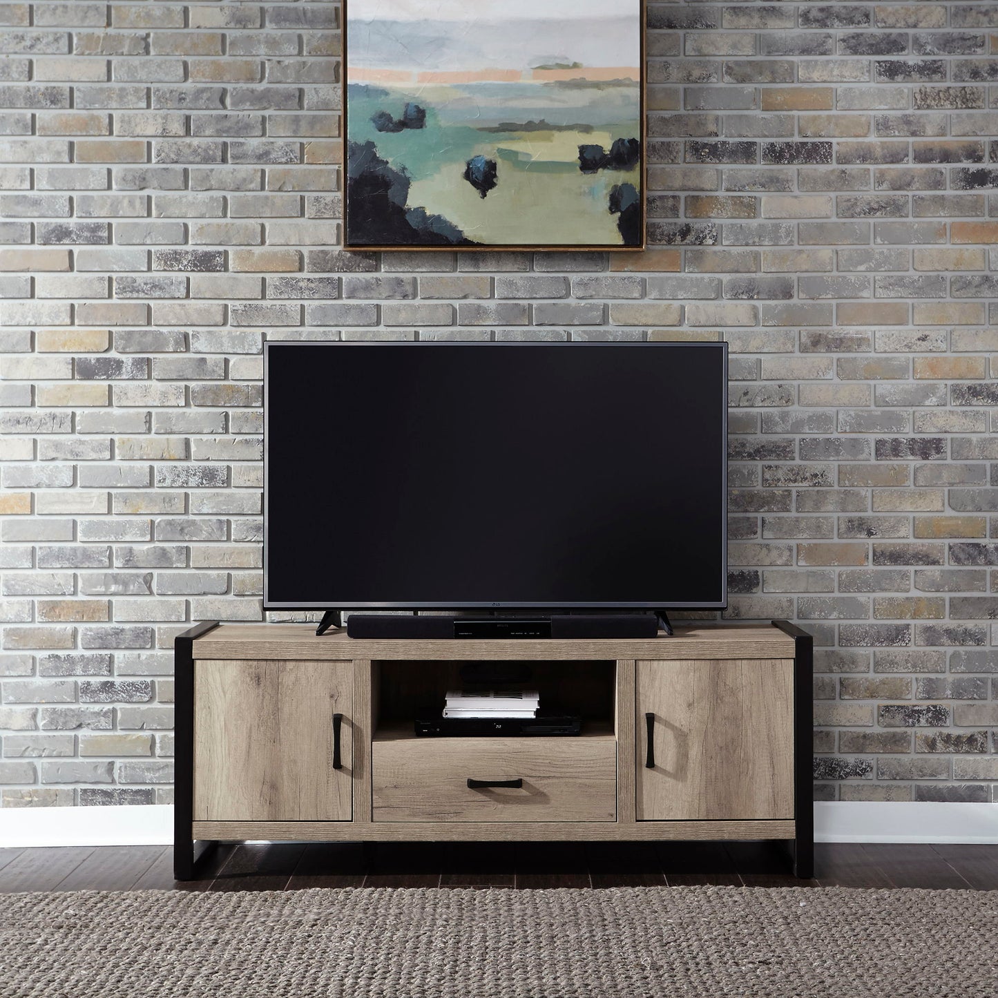 Sun Valley - Entertainment Center With Piers - Light Brown - Metal Side Drawers