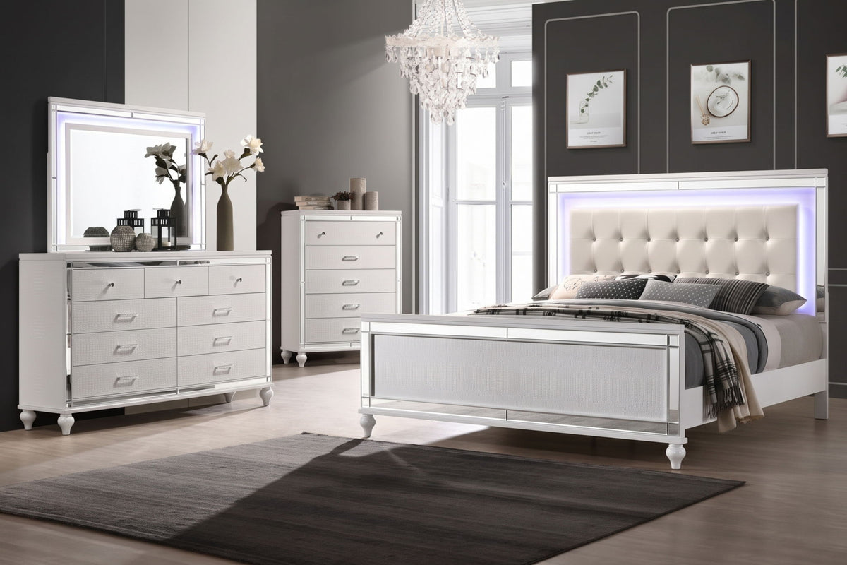 Valentino - Queen 4 Piece Bedroom Set(Bed, Dresser, Mirror, Chest) - White