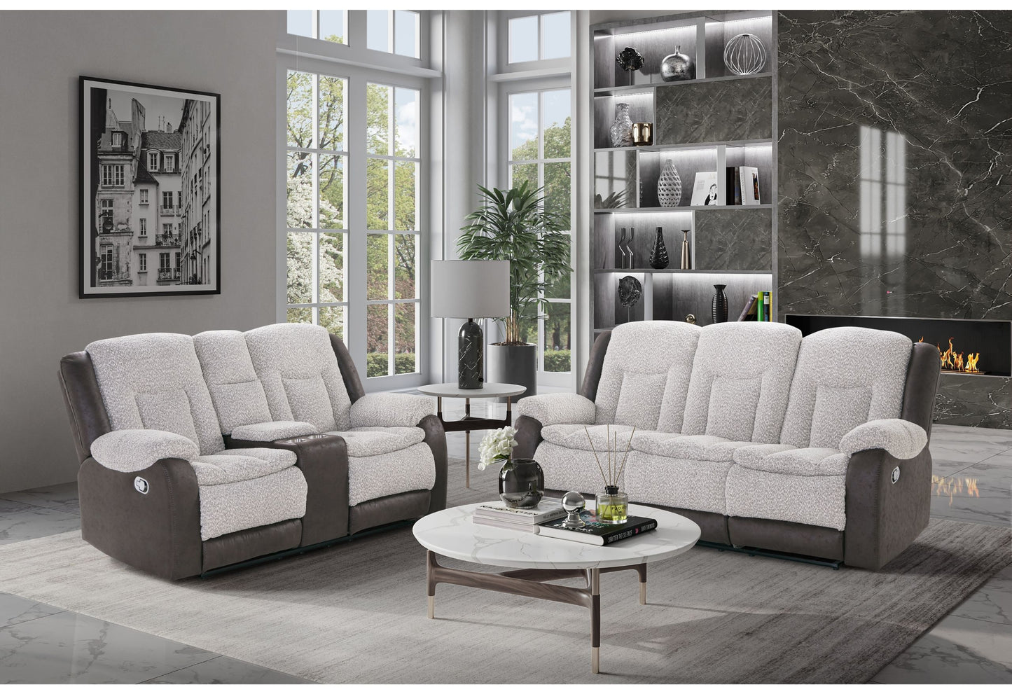 U4377 - Reclining Sofa With Drop Down Table / Console Reclining Loveseat - Gray / Brown