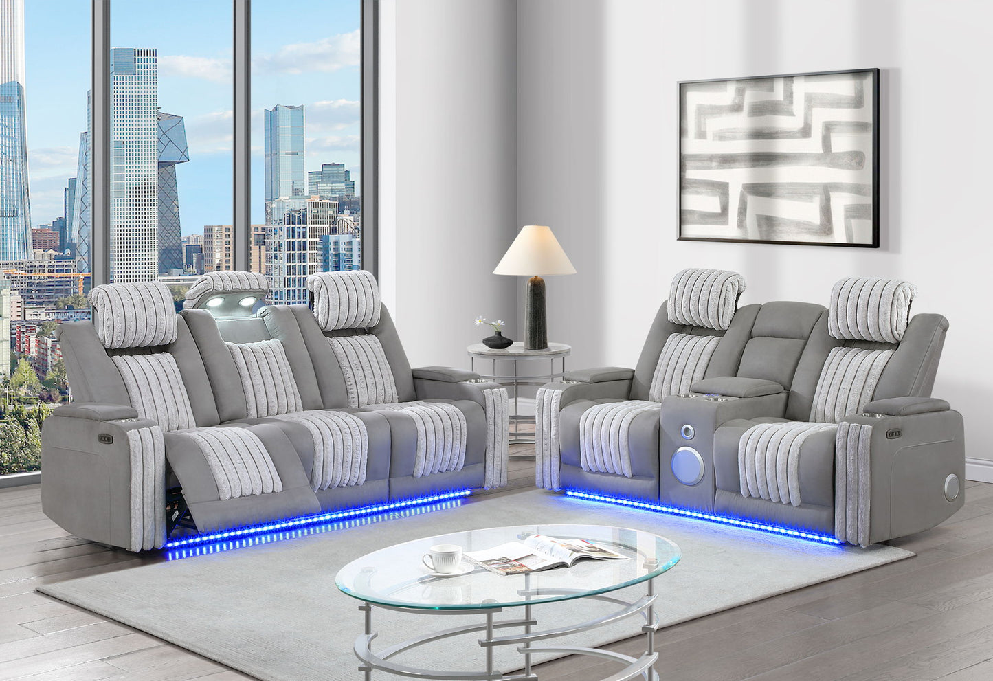 U8000 - 3 Piece Living Room Set (Power Console Reclining Loveseat With Power Headrest LED & Bluetooth Speaker, Power Reclining Sofa With Headrest DDT Table Reading Light & LED) - Gray